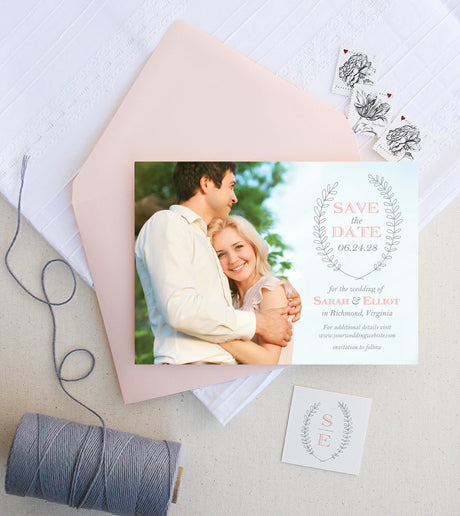 grey and blush save the date with blush envelopes and cute monogram crest