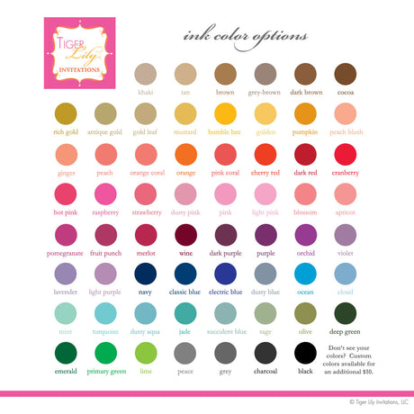 A color chart for displaying a range of ink colors available for customization, including shades of dusty blue, gray, gold leaf, and dusty pink