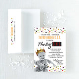 Birthday invitation with black and white photo of birthday child wearing a crown with colorful geometric shapes and lines and enveope with return address