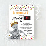 biggie birthday invitation with black and white photo of birthday child wearing gold crown with colorful geometric shapes and lines