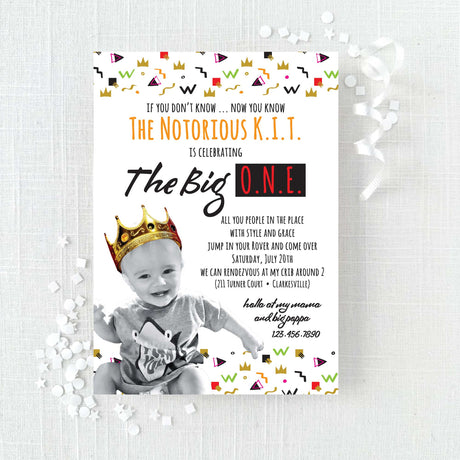 biggie birthday invitation with black and white photo of birthday child wearing gold crown with colorful geometric shapes and lines