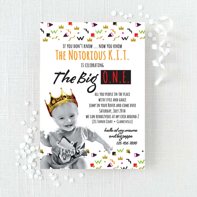 biggie birthday invitation with black and white photo of birthday child wearing gold crown with colorful geometric shapes and lines