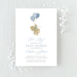 blue baby shower invitation featuring a cute bear with balloons in blue colors printed on white cardstock