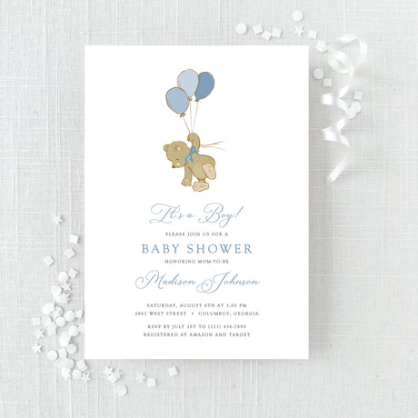 blue baby shower invitation featuring a cute bear with balloons in blue colors printed on white cardstock