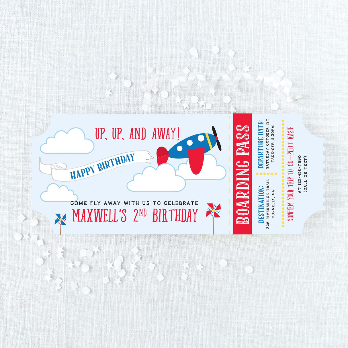 blue and red birthday invitation with airplane design on a light blue background