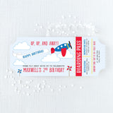 blue and red birthday invitation with airplane design on a light blue background