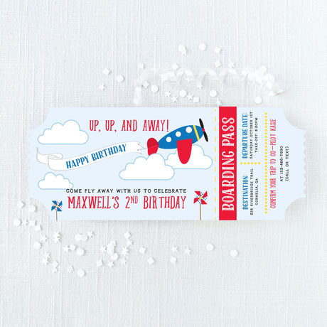 blue and red birthday invitation with airplane design on a light blue background