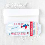 Children's birthday invitation with airplane design in red and blue