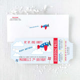 kid's birthday invitation with airplane design in blue and red colors 