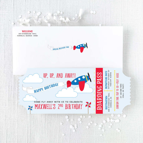 kid's birthday invitation with airplane design in blue and red colors 