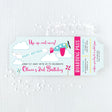 Airplane-themed birthday invitations that look like plane tickets with pink and turquoise colors printed on cardstock