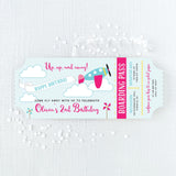 Airplane-themed birthday invitations that look like plane tickets with pink and turquoise colors printed on cardstock