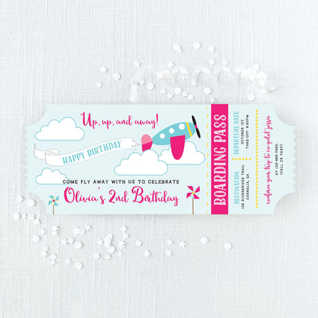 Airplane-themed birthday invitations that look like plane tickets with pink and turquoise colors printed on cardstock