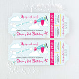 pink and turquoise ticket birthday invitations with airplane design 
