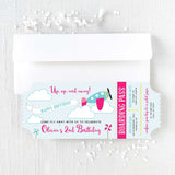 pink ticket invitation with airplane design and white envelope