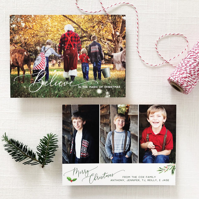 Christmas holiday photo card featuring believe in a script font and multiple photo options