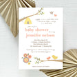 peach and brown baby shower invitation with birds, bees, and butterflies illustrations 