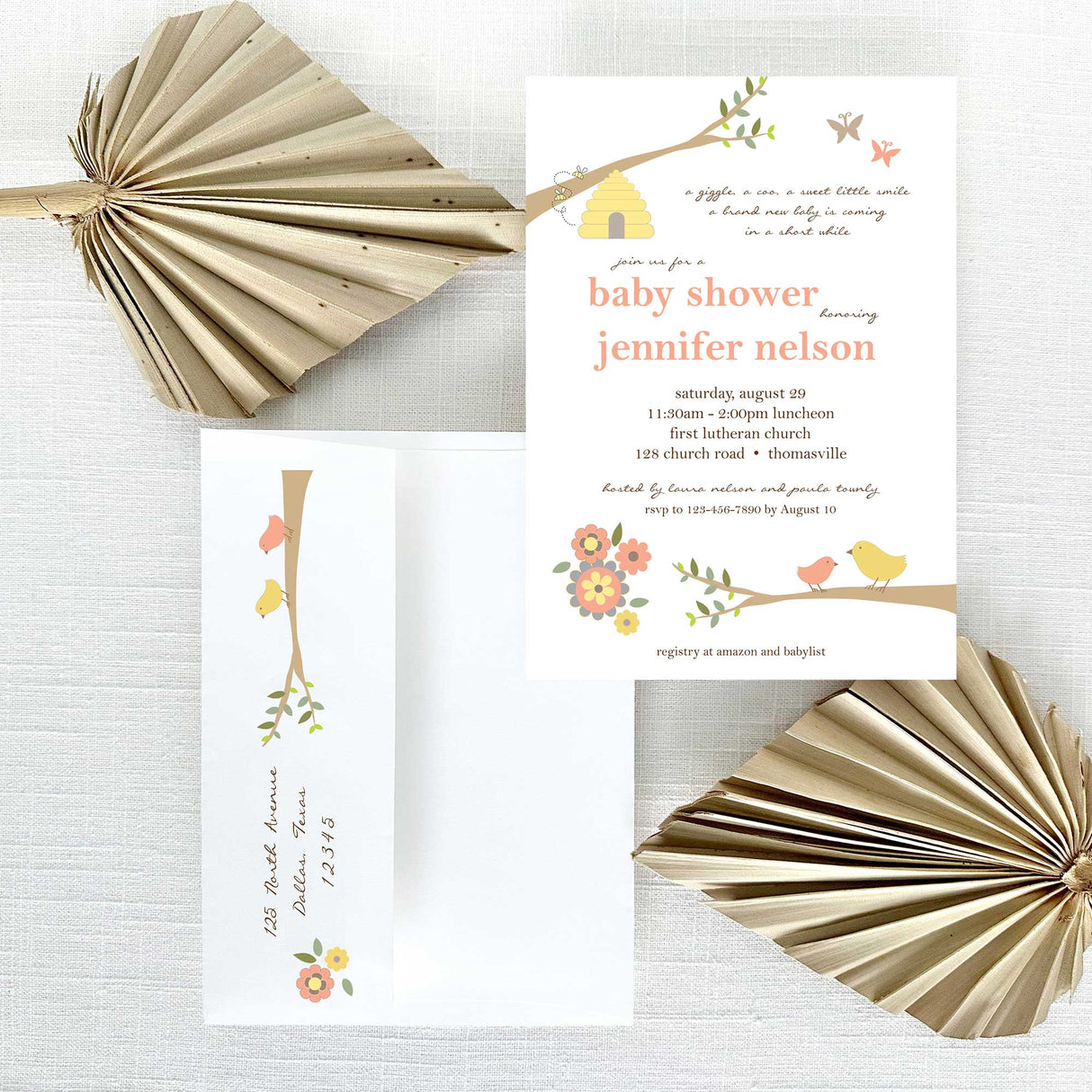peach and brown baby shower invitation with envelope featuring return address