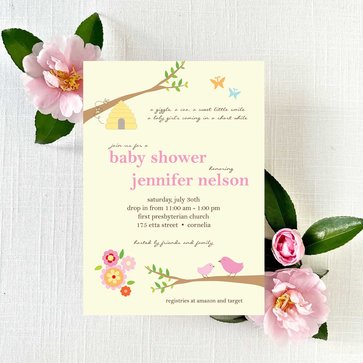 pink and yellow baby shower invitation with birds, bees, and butterfly design