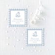 square baby shower favor stickers with blue gingham border and vintage rocking horse illustration