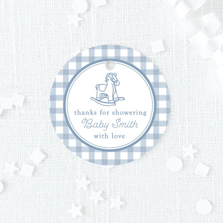 light blue gingham favor tag with vintage rocking horse illustration printed on white cardstock 