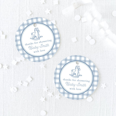 round thank you favor tags with light blue gingham design and vintage rocking horse illustration