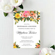 colorful floral invitation for a bridesmaids luncheon or bridal shower with multicolored flowers and greenery printed on white cardstock