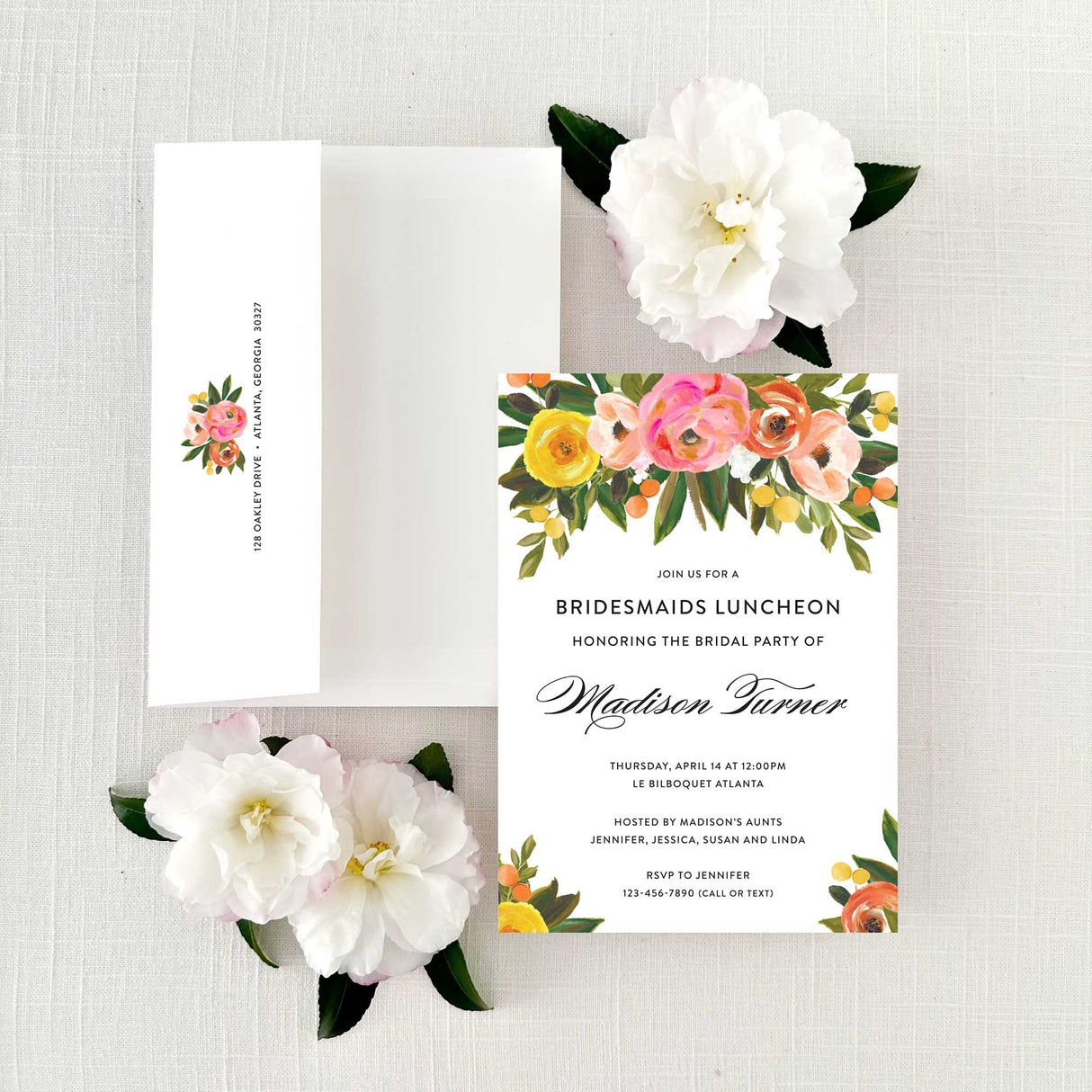 Bridesmaids luncheon or bridal shower invitation with bright floral design with white envelope printed with return address
