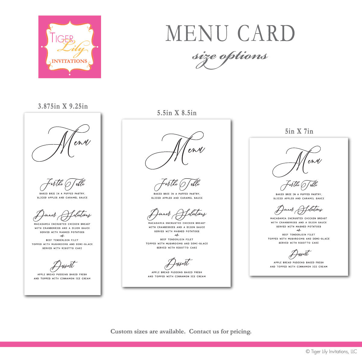 size option examples for wedding menu cards