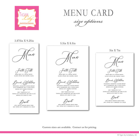 size option examples for wedding menu cards