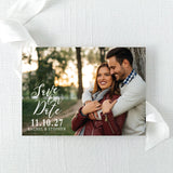 photo save the date featuring an elegant calligraphy script font with personalized photo printed on ultra white cardstock