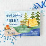 camping birthday invitation featuring watercolor illustrations of a tent, campfire, and s'mores 