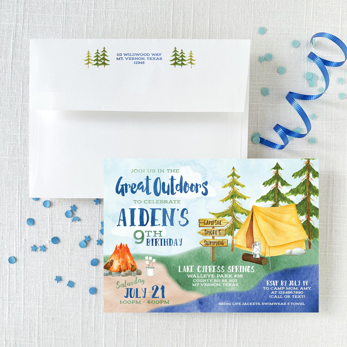 blue and green camping birthday invitation featuring envelope with printed return address