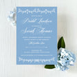 classic blue bridal luncheon or bridal shower invitation with white text printed on white cardstock
