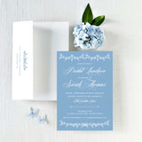 Blue bridal luncheon or bridal shower invitation with white text and envelope with return addressing