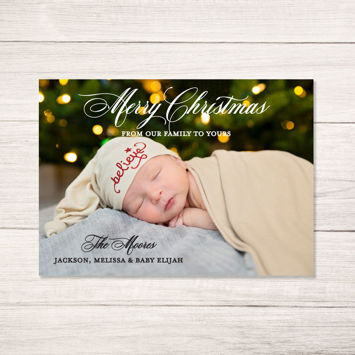 christmas card with personalized photo feautring traditional script fonts printed. on ultra white cardstock