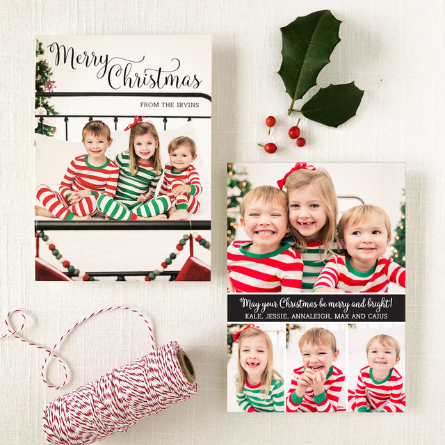 personalized Christmas holiday photo cards featuring merry christmas in a fun script font with photos on front and back of card printed on ultra white cardstock