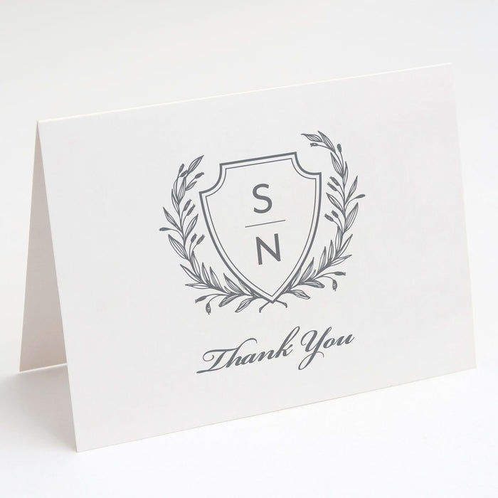 classic gray crest thank you note cards printed on white cardstock