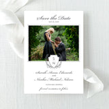Save the Date card with personalized photo featuring a classic monogram gray crest  and traditional script font