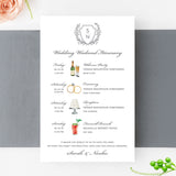 Wedding weekend itinerary with a gray monogrammed crest and watercolor illustrations to match events