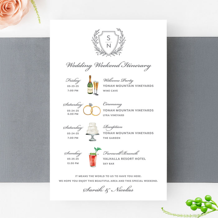 Wedding weekend itinerary with a gray monogrammed crest and watercolor illustrations to match events