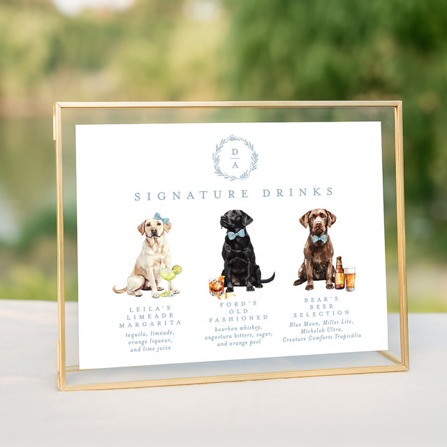 signature drink menu with illustrations of pet and drinks 