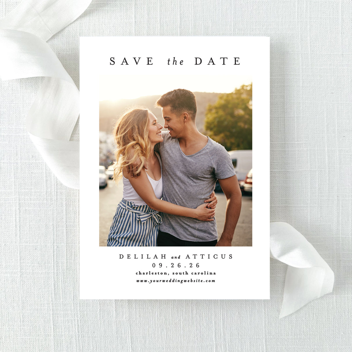 minimal photo save the date with classic block fonts