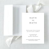 black and white minimalist save the date card with classic block fonts with envelope featuring return addressing