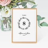 classic black and white wedding table number card with a wreath design