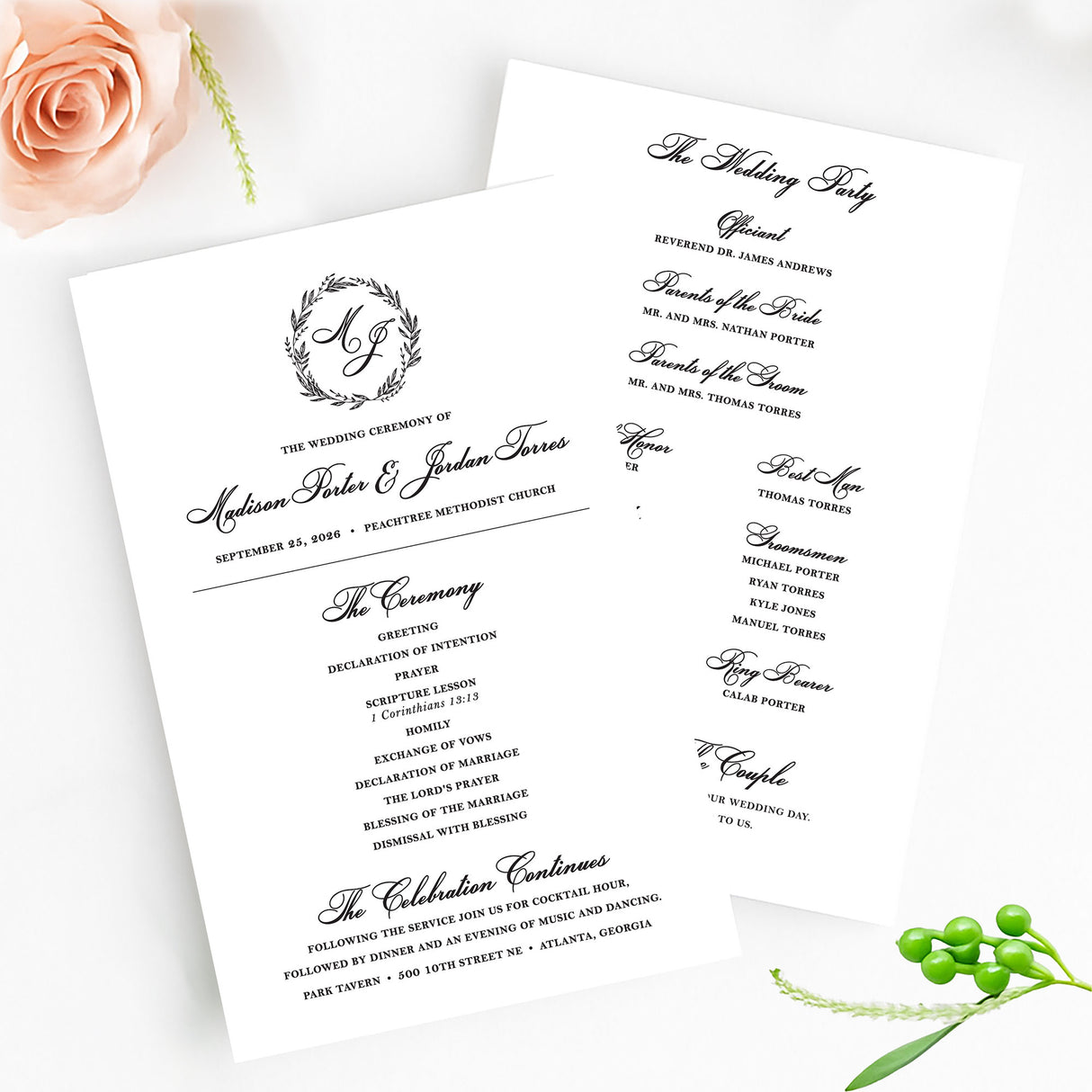 classic black and white wedding ceremony program with floral wreath and script fonts