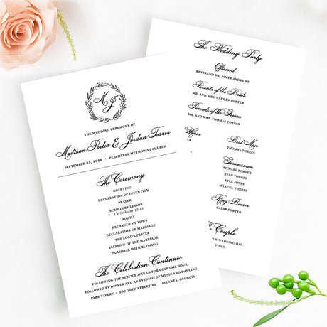 classic black and white wedding ceremony program with floral wreath and script fonts