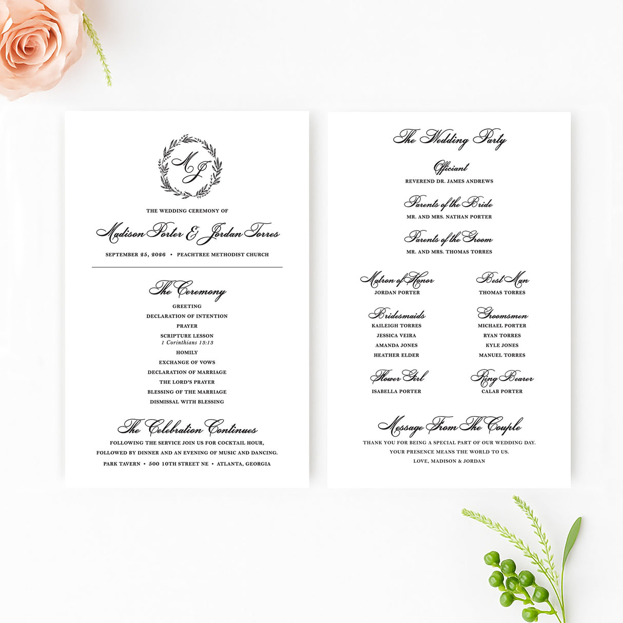 classic wedding ceremony program with wreath and script fonts