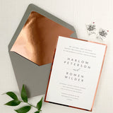 gray and white invitation with mirrored copper border and gray envelope with mirrored copper liner