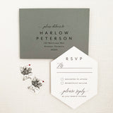 geometric shaped rsvp card with modern fonts printed on white cardstock  and grey rsvp envelope with addressing